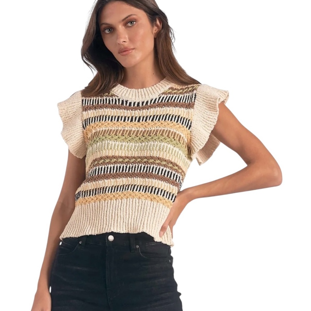 Elan Multi Color Striped Knit Crew Neck Sweater With Cap Flutter Sleeves Size L